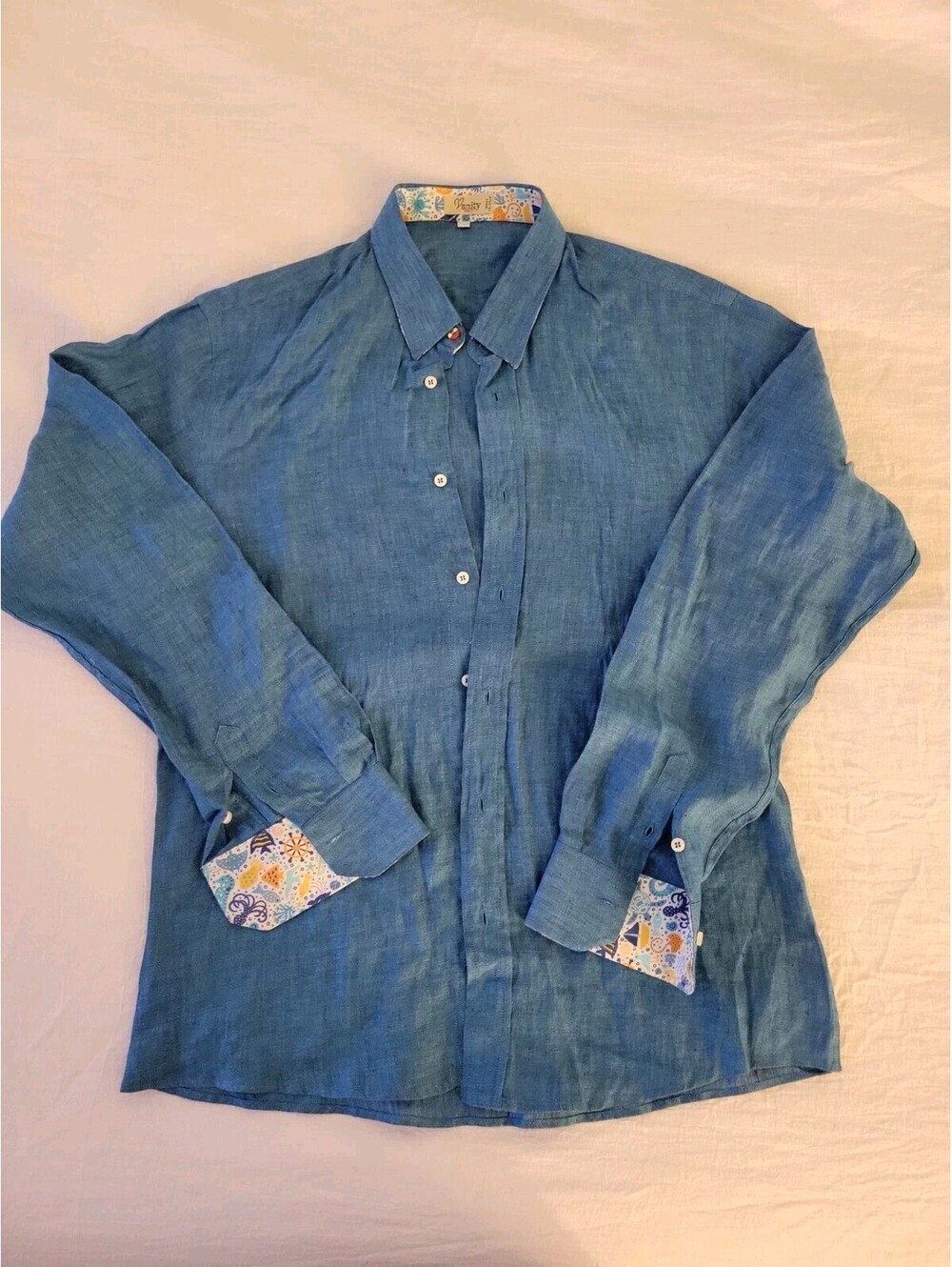 Vanity Mens 100% Linen Shirt Large Blue Made in Italy Contrast Cuff Button Up